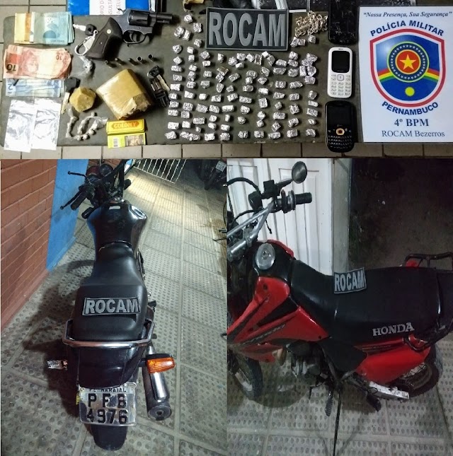 FOI APRENDIDO TRÁFICO DE DROGAS/ POSSE ILEGAL DE ARMA DE FOGO/ MOTOS ROUBADAS EM BEZERROS 