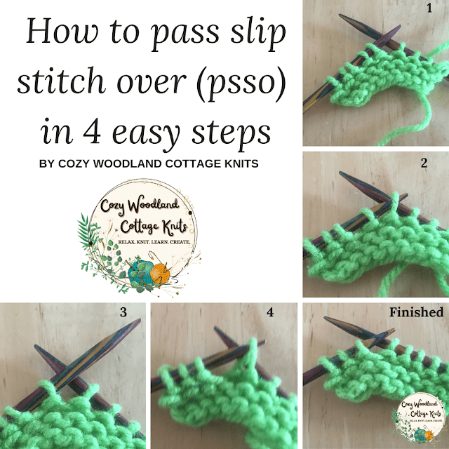 picture of step by step tutorial on how to pass a slipped stitch over in four easy steps