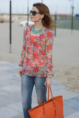 floral blouse, Michael Kors tote