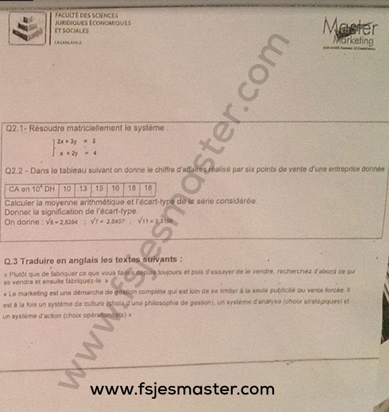 Exemple Concours Master Marketing  2014-2015 - Fsjes Ain Chock