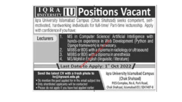 Latest 2023 Jobs For Iqra University