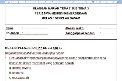 Soal Ulangan Harian K13 Kelas 5 Tema 7 Subtema 3