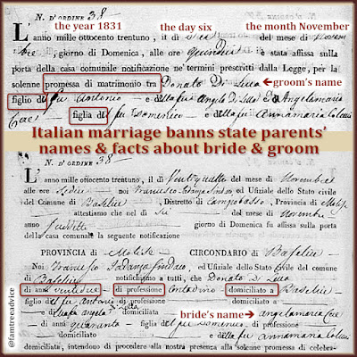 Top, the simpler 1st marriage banns. Bottom, the more detailed 2nd marriage banns, filled with facts for your family tree.
