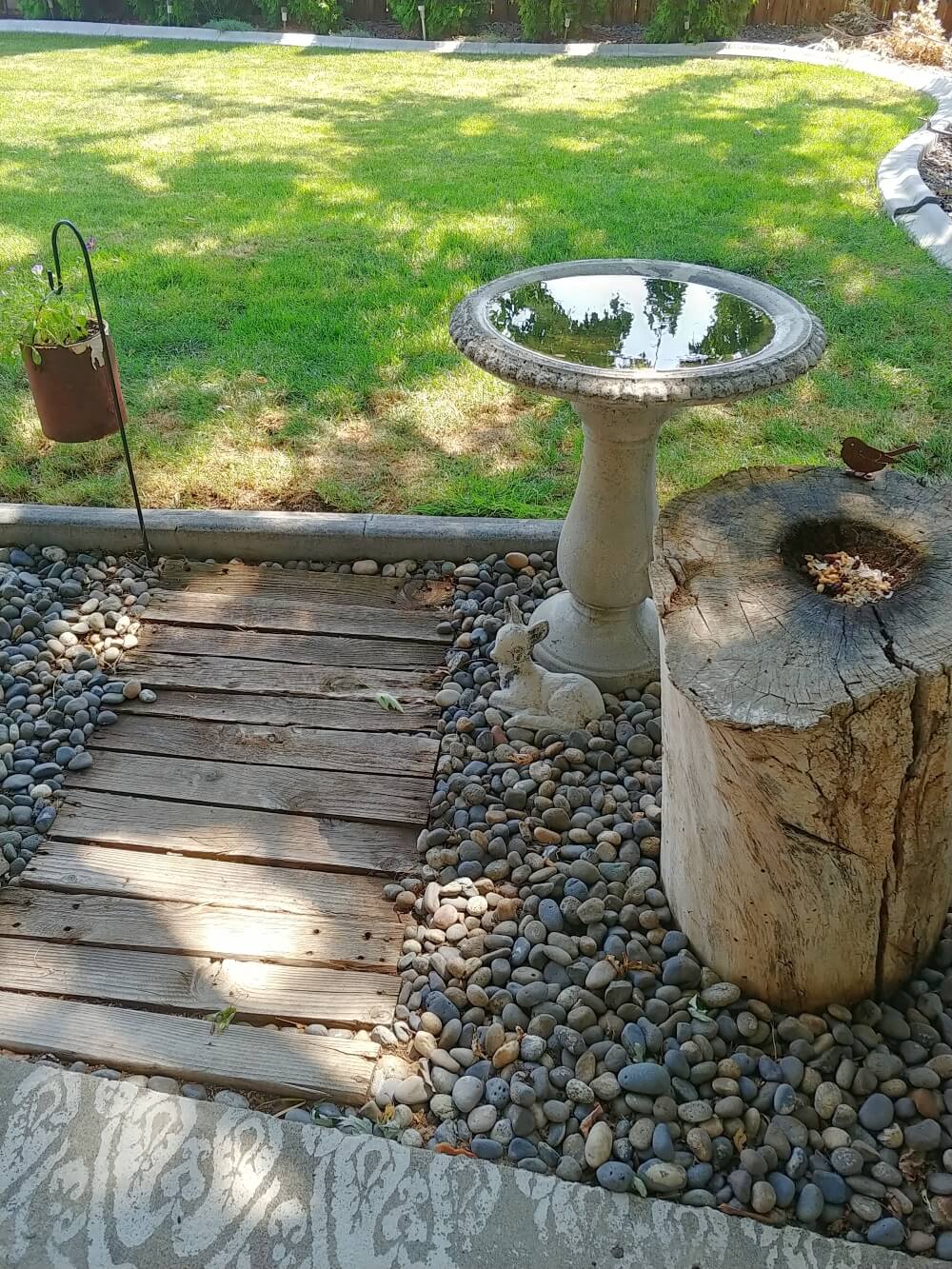 birdbath and bird feeder