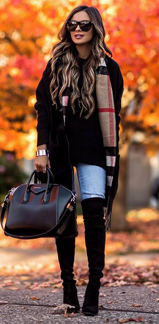 cool outfit idea / plaid scarf + bag + jeans + over knee boots + black sweater + cardi