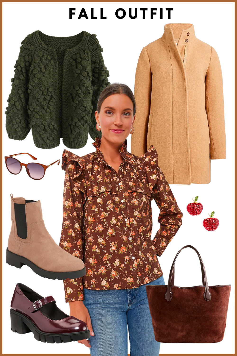 fall weekend outfit with fall sweater, floral print blouse and chunky mary janes