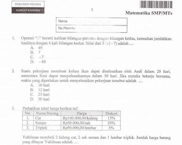 Download Soal Ujian Nasional (UN) Matematika SMP/MTs Tahun 2016