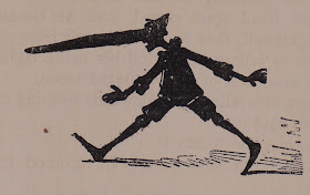 A sketched silhouette of a striding figure with an absurdly long nose.