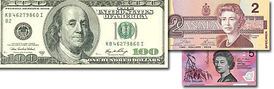 Dinheiro do mundo -Dolar - EUA - Canada - Australia