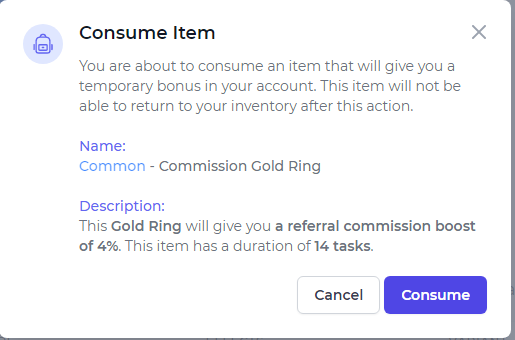Name:  Common - Commission Gold Ring  //  Description:  This Gold Ring will give you a referral commission boost of 4%. This item has a duration of 14 tasks.