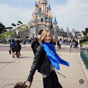 awayfromtheblue Instagram | Disneyland paris maxi skirt leather jacket cobalt louis vuitton shawl and bag castle