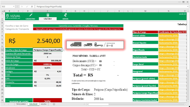 Planilha de Cálculo de Frete Mínimo, Lotação ou Carga Fechada