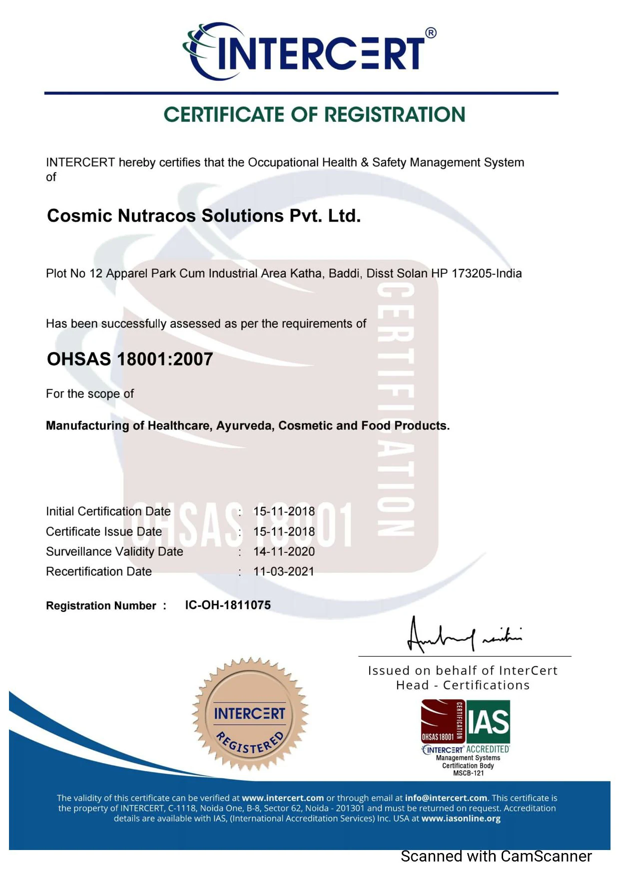 9.Vestige Occupation Health & Safety Management System OHSAS 18001:2007