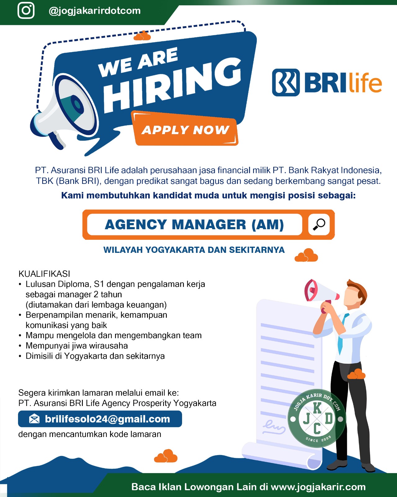 Loker Financial Advisor, Agency Manager di PT Asuransi BRI Life Jogja