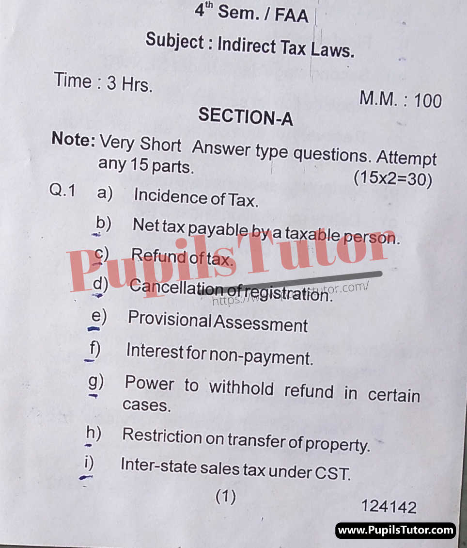 HSBTE (Haryana State Board of Technical Education, Panchkula Haryana) FAA Semester Exam Fourth Semester Previous Year Indirect Tax Laws Question Paper For 2022 Exam (Question Paper Page 1) - pupilstutor.com