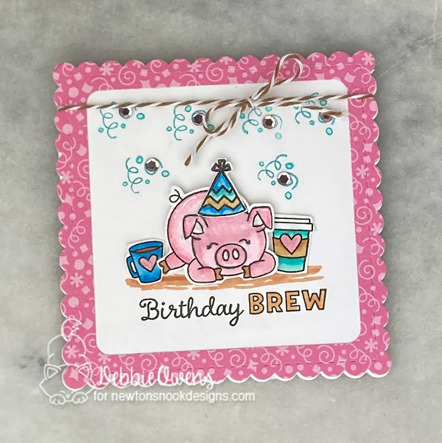 Birthday brew for you by Debbie features Oink, Heartfelt Coffee, Frames Squared, Birthday Meows, and Newton's Birthday Bash by Newton's Nook Designs; #inkypaws, #newtonsnook, #pigcards, #coffeelovers, #coffeecards, #birthdaycards, #cardmaking, #cardchallenge