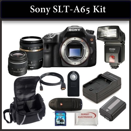 Sony SLT-A65 Digital Camera Kit Includes: Sony SLT-A65 Camera, Tamron 18-270mm F/3.5-6.3 Di II PZD Lens, Sony SAL-1855 18-55mm f/3.5-5.6 DT AF Zoom Lens, Bower SFD328 Digital Slave Flash, Extended Life Battery, Rapid Travel Charger, HDMI Cable, 16GB SDHC Memory Card, Memory Card Reader, Wireless Remote, Soft Carrying Case and SSE Microfiber Cleaning Cloth.