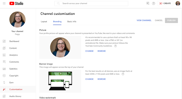 Screenshot of the YouTube Studio Customization Branding tab