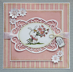 Pink card with die cut details and LOTV image 'Odd Dog - bunches of love'