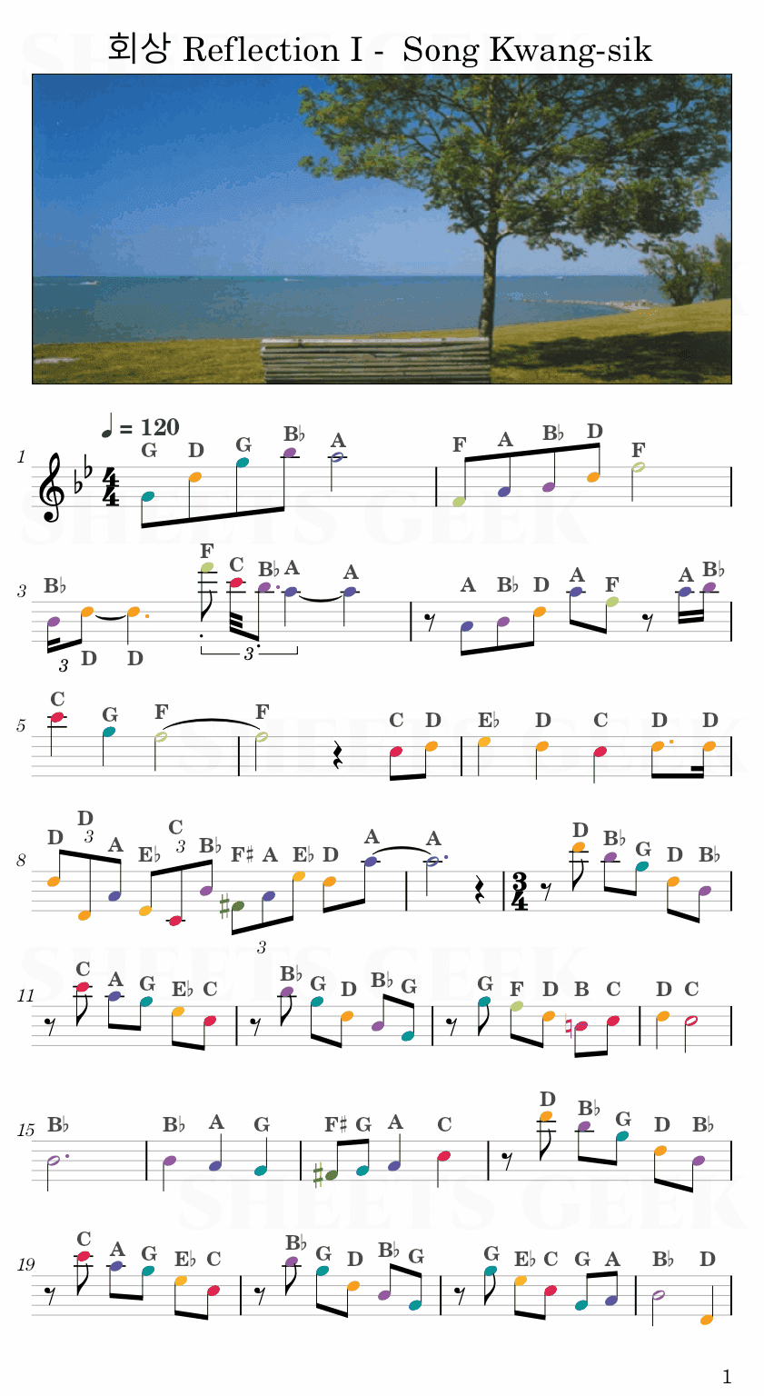 회상 Reflection I - Song Kwang-sik Easy Sheet Music Free for piano, keyboard, flute, violin, sax, cello page 1