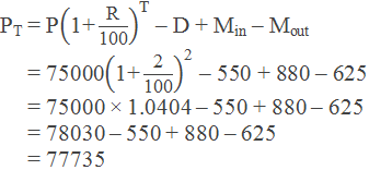 PT = P("1+"  "R" /"100" )^"T"  – D + Min – Mout      = 75000("1+"  "2" /"100" )^"2"  – 550 + 880 – 625      = 75000 × 1.0404 – 550 + 880 – 625      = 78030 – 550 + 880 – 625       = 77735