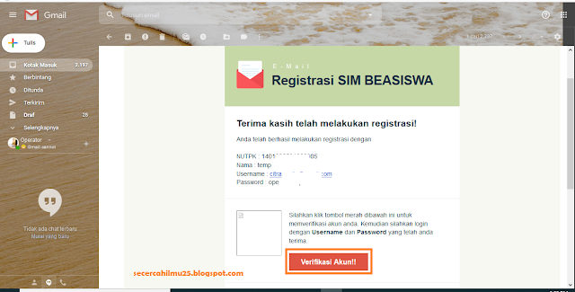 kotak masuk dari SIM_BEASISWA registrasi di BANPEM berhasil