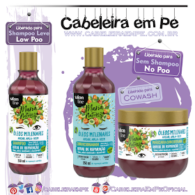 Shampoo (Low Poo), Máscara (No Poo) e Condicionador (No Poo) Maria Natureza Óleos Milenares - Salon Line