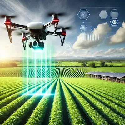 Drone dengan kamera canggih memantau lahan pertanian