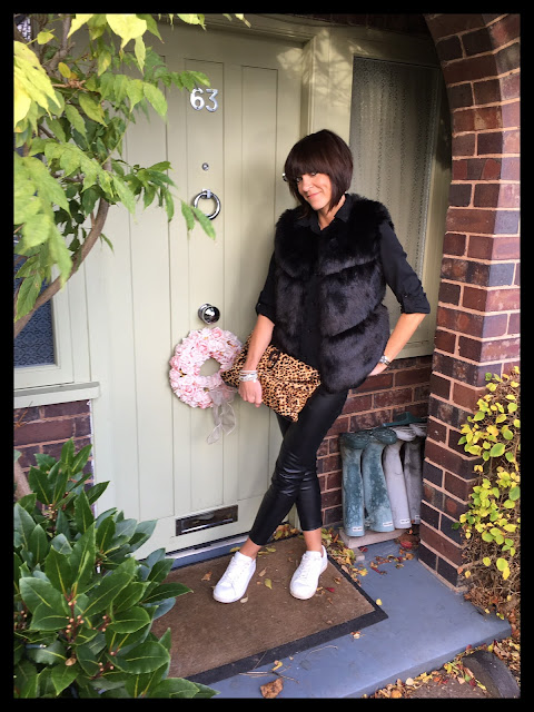 My Midlife Fashion, Leopard Print Clutch Zara, animal print, Bella Jane Jewellery, Mango white leather trainers, Faux fur gilet