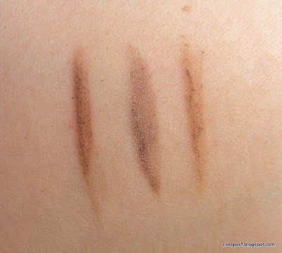 Swatches of Shiseido Natural Eyebrow Pencil in Ash Blond, Avon Ultra Luxury Brow Liner in Blonde, Cover Girl Eye and Brow Makers in Warm Blonde. 