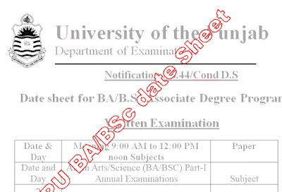 PU BA, BSc, associate degree part 2 date sheet 2022
