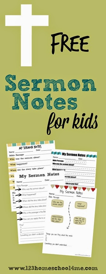 FREE Printable Sermon Notes for Kids! Several different style for kids from K-6th grade can use with any sermon to listen to Bible stories. Great resource for Christian families or to give out in Sunday School Lessons.