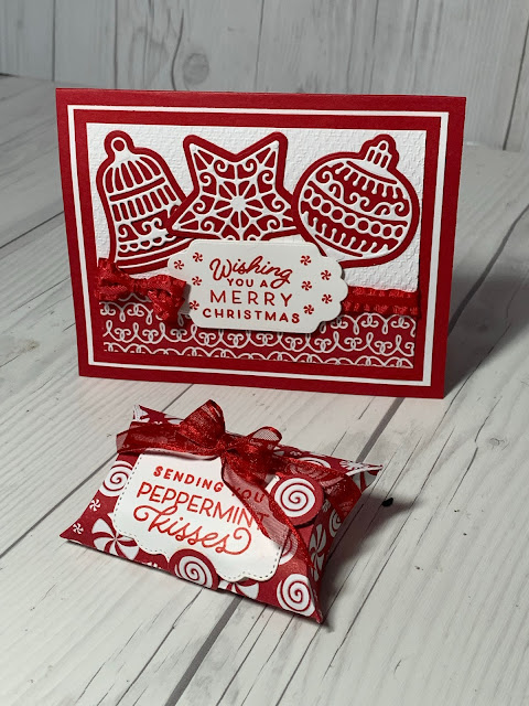 Christmas Pillowbox with Real Red Sheer Ribbon matches a Christmas Card using Stampin' Up! Frosted Gingerbread Stamp Set i