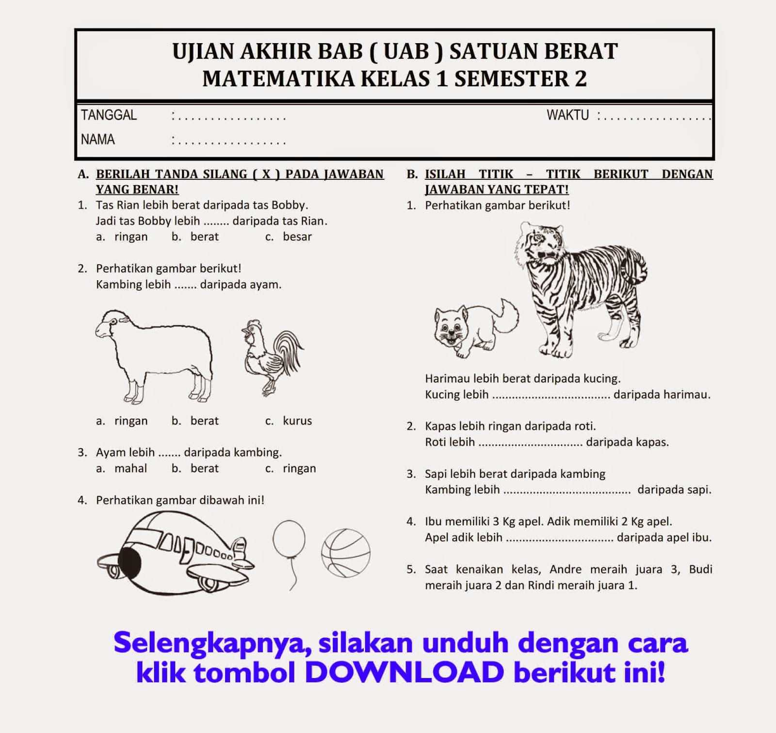 Download Ujian Akhir Bab Matematika Kelas 1 Semester 2