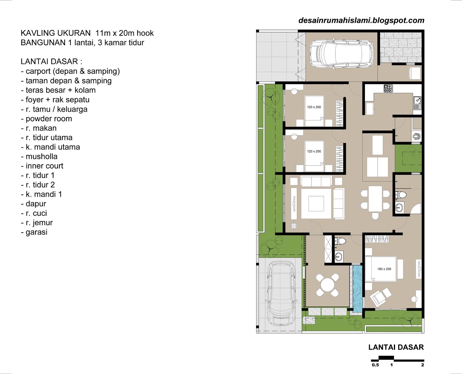 Desain Rumah  1 Lantai Hook posisi sudut dengan 3  Kamar  