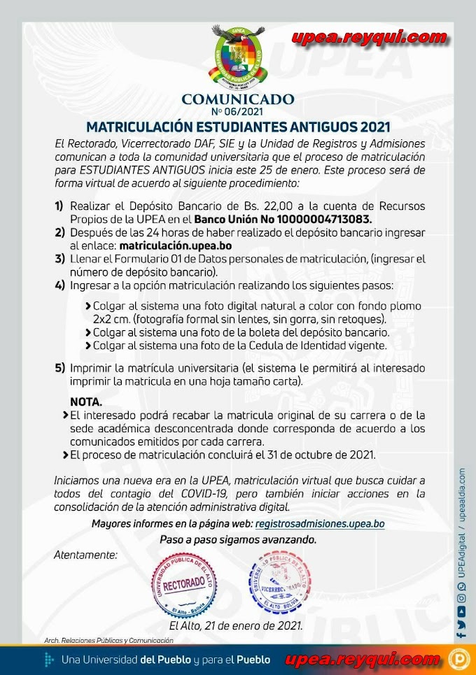UPEA: Requisitos de Matriculación Estudiantes Antiguos 2021
