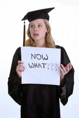 job after graduation, holding a sign that says "now what?"