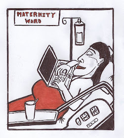 Drawing of woman in maternity ward, working on her laptop computer