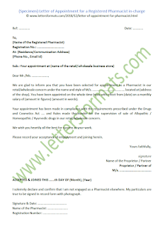 appointment letter of registered pharmacist sample