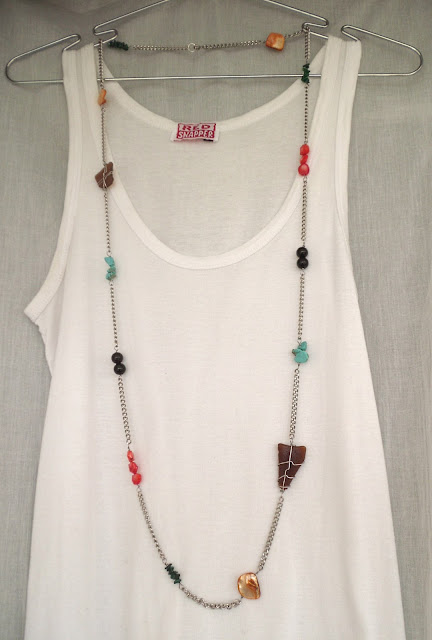 brown seaglass, turquoise, black glass beads and shell on stainless steel chain rope necklace 