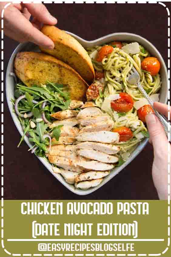 This Chicken Avocado Pasta is the perfect romantic dinner for two. A quick and easy avocado pasta recipe for the most delicious date night dinner! #EasyRecipesBlogSelfe #avocado #pasta #chicken #avocadopasta #chickenpasta #datenight #datenightdinner #dinner #dinnerfortwo #romanticdinner #EasyRecipesforTwo
