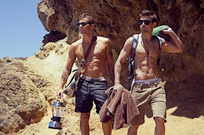 studly shirtless men hiking