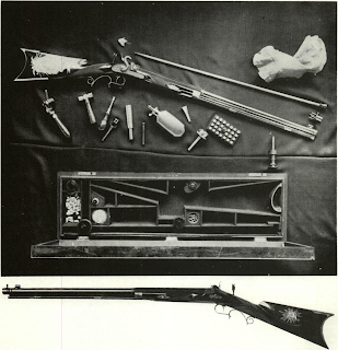 Magnificent Whittmore offhand match rifle was presented to General Grant by “Citizens of Providence, R.I.” after the War. Set is typical, though luxurious, of fine rifles used by marksmen who enlisted in Berdan’s regiment. Loading picket ball through false muzzle ensured its being aligned with axis of bore. Muzzle is shown removed in view of rifle kit and in place, below, on barrel of arm. Hammer and lock detail with “snail” shield by cone seat suggest shapes associated with Greener, England, guns of 1850’s. Gold and silver decorations are lavish but basic style of arm is typical of best match or hunting rifles of period.
