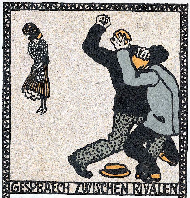 a 1907 card from the Wiener Werkstätte showing two men fighting over a woman, Gespraech Zwischen Rivalen