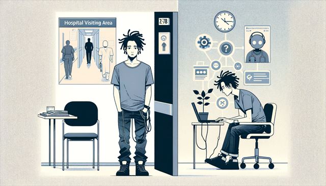 A minimalistic illustration of a casual Japanese man with dreadlocks, depicting two contrasting aspects of his day. On one side, show him in a hospital visiting area, looking tired and concerned, symbolizing the brief visit to his mother. The setting is simple, with just a chair and a clock indicating the short visit duration. On the other side, depict him working on his computer, surrounded by visual symbols of numerous bots and a question mark, indicating his concern about his PC's capacity to handle the workload. The scene captures his personal challenges and his technical dilemma in a clean, straightforward style.