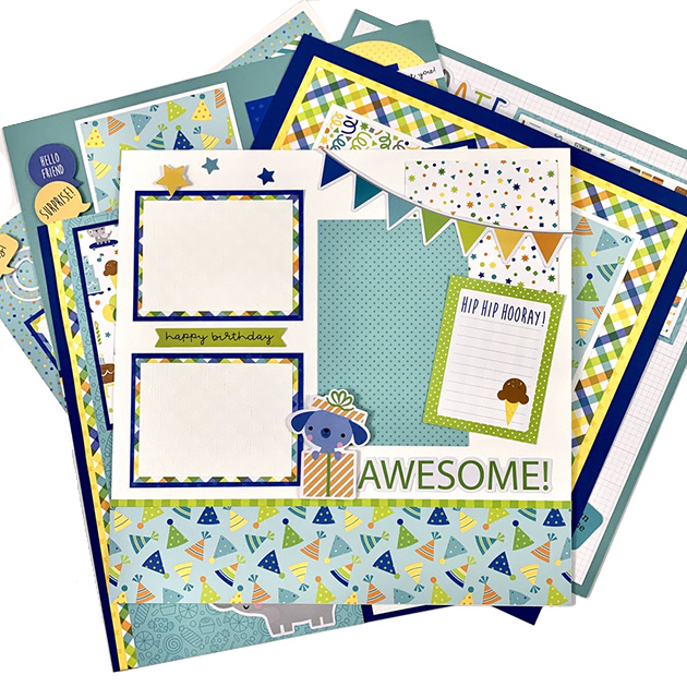 12x12 Birthday Boy Blue Scrapbook Layouts with stars & dog