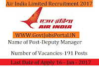 Air India Recruitment for 190 General Manger Posts 2017 