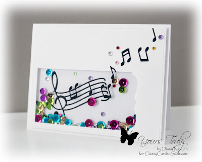 Diana Nguyen, shaker, card, Poppystamps, Musical Staff, Sequins