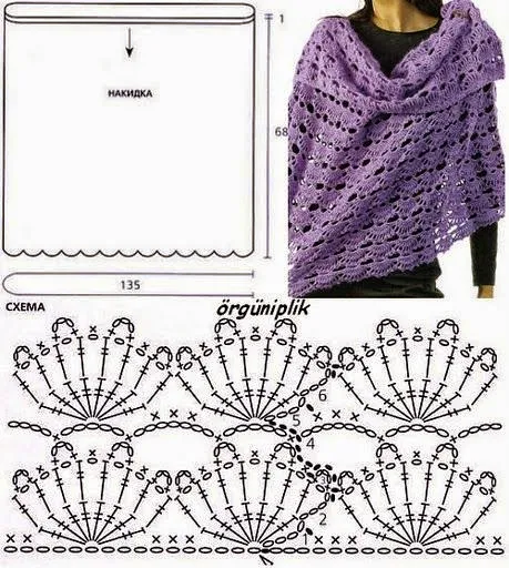 Chal pashmina al crochet con punto de abanicos