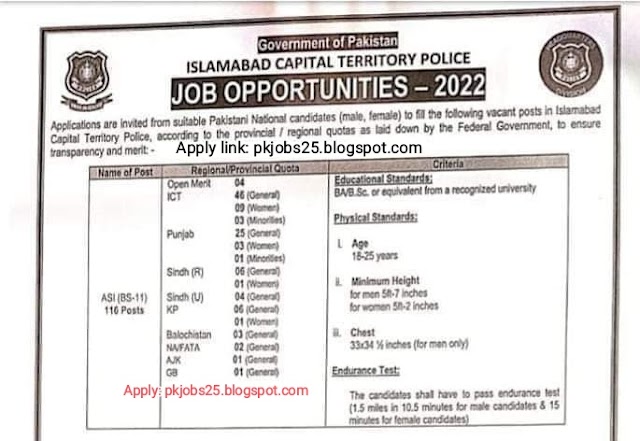 ASI Islamabad Police jobs 2022 apply online Assistant Sub Inspector (ASI) (BPS-11)